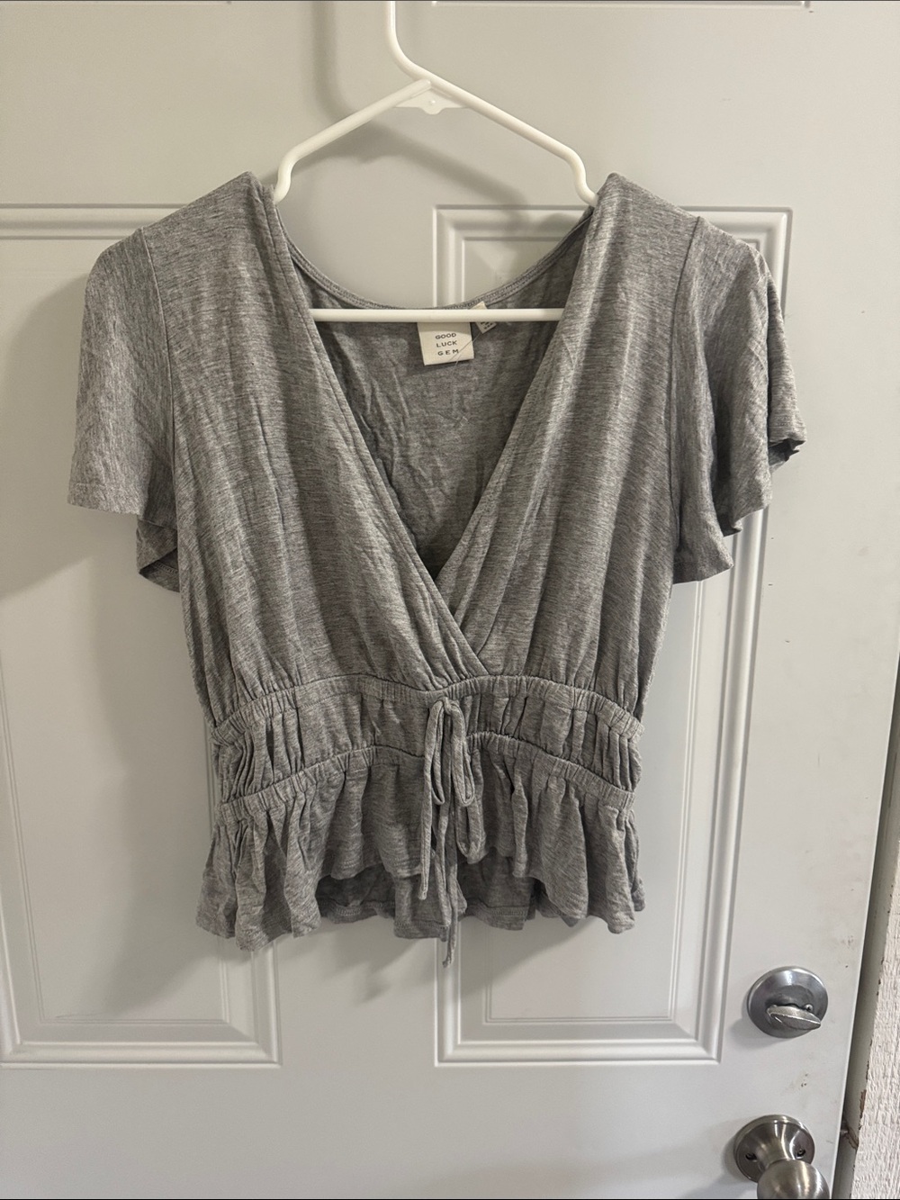 Dry Goods Grey Tie-Waist Surplice Short Sleeve Top